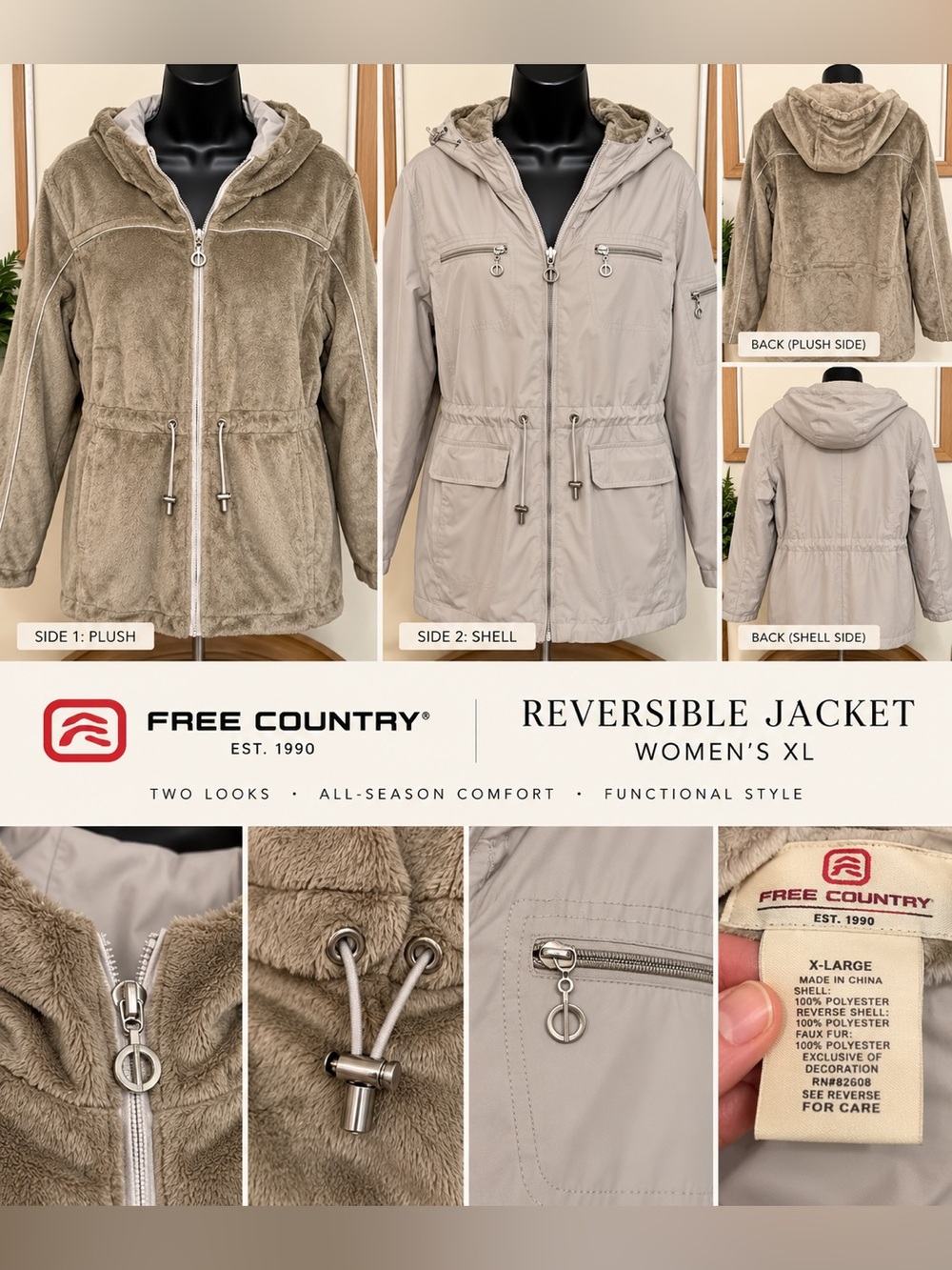 Free Country Women's Reversible Hooded Jacket - Taupe and Light Gray